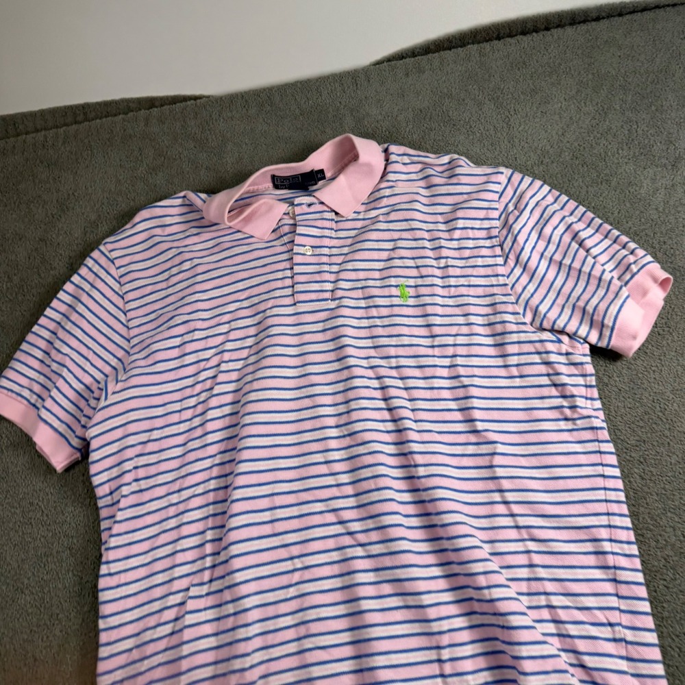 Polo Ralph Lauren Mens XL Pink Blue Striped Short Sleeve Pony Logo Polo Shirt